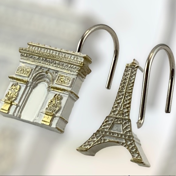 Paris Eiffel Tower Shower Hooks Arc de Triomphe French Resin White Gold 12 PC - Picture 10 of 16